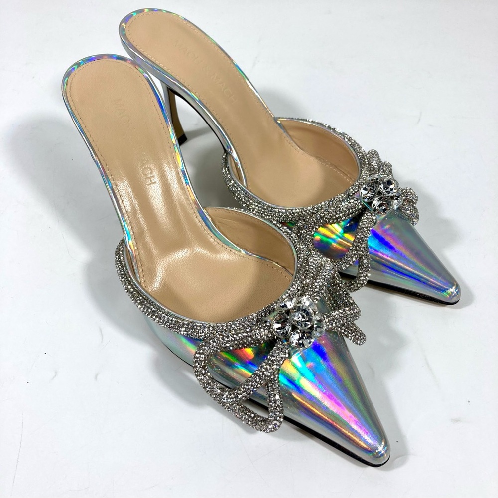Mach & Mach Crystal Double Bow Pointed Toe Mule Heels Iridescent Silver 37 NEW
